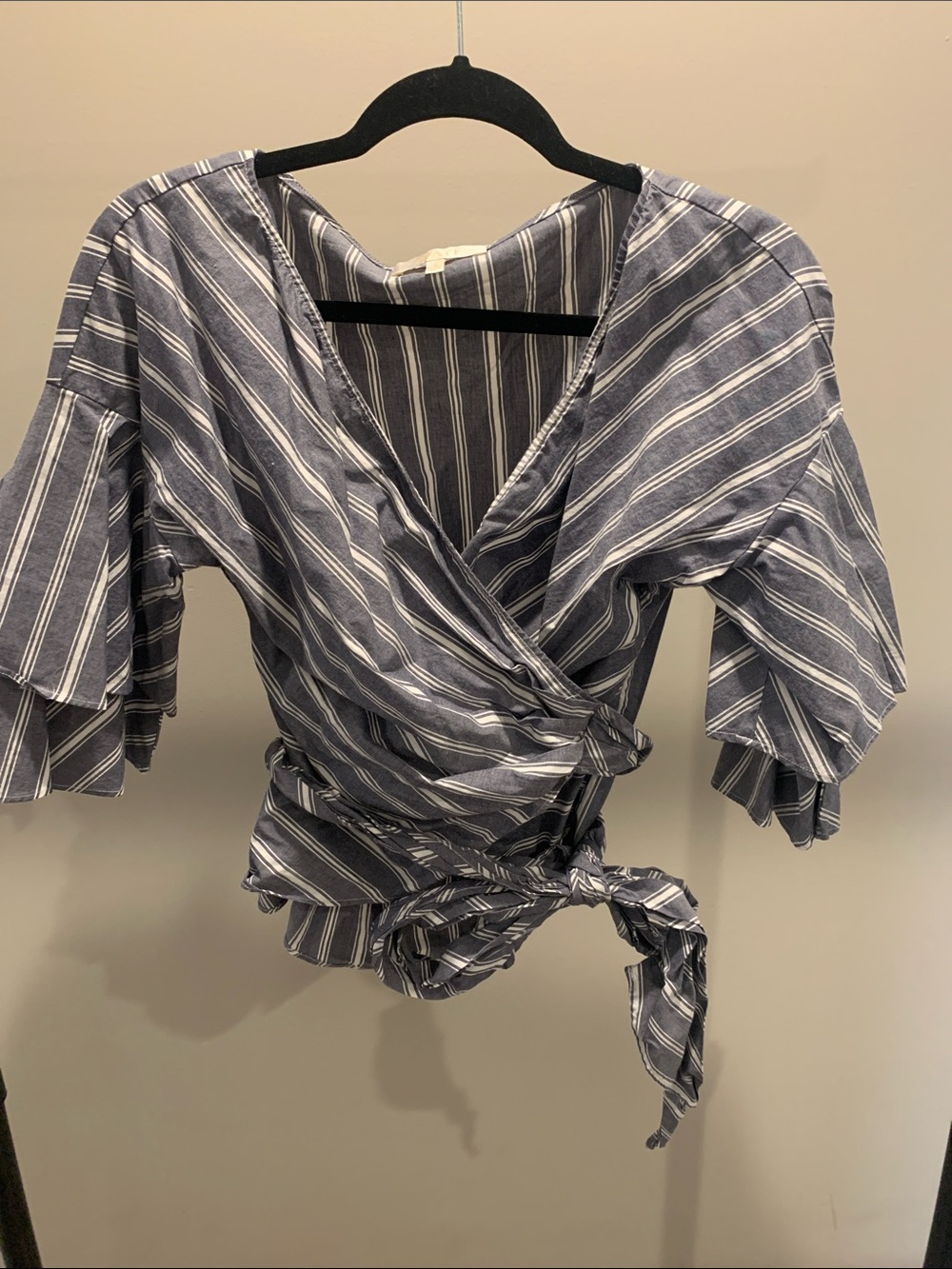 WAYF Striped Navy Wrap Blouse with Tie with Ruffle Short Sleeves